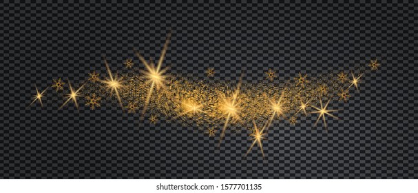 Stardust wave is glittering. Christmas golden confetti with golden glow and snowflakes on transparent background. Xmas banner vector with glitter effect for flyer, website, poster.