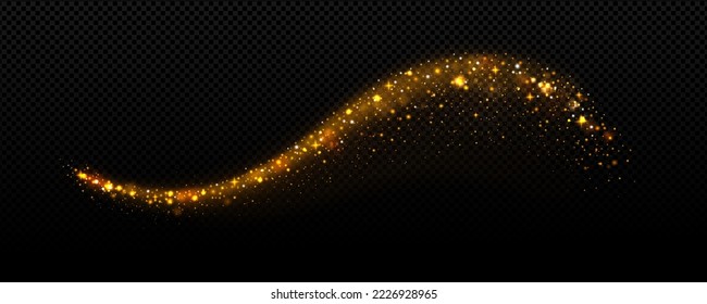 Stardust wave, golden dust trail with glitter and sparkles. Abstract luxury effect of gold glow with sparks and shimmer particles isolated on transparent background, vector realistic illustration