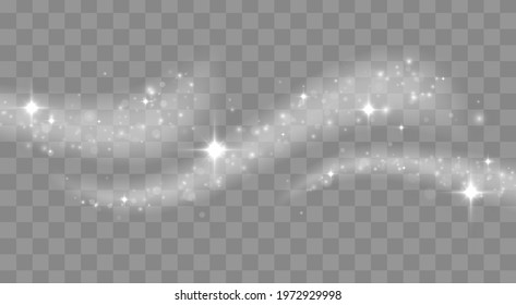 Stardust white sparks from an explosion on transparent background. Magic burst of energy rays. Banner for design. Overlay magic effect glowing traces of sparkle dust star waves. Vector illustration.