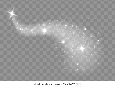 Stardust white sparks from an explosion on transparent background. Magic burst of energy rays. Banner for design. Overlay magic effect glowing traces of sparkle dust star waves. Vector illustration.