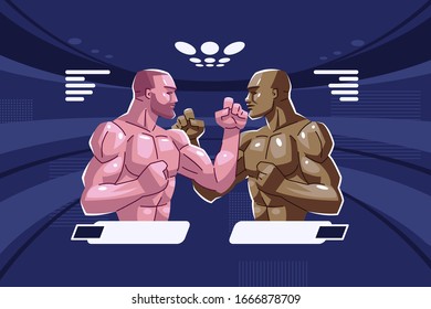 Staredown. Two fighters stand opposite each other in a fighting stance with clenched fists and look into each other's eyes.