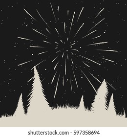 Starfall on night sky in forest.Hand drawn vector illustration