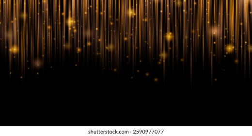 Starfall. Shining golden vertical lines of light on a dark background with lighting effect and glitter. Space for text. Luxury design style.
