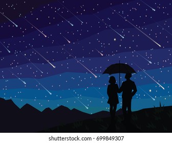 Starfall. Silhouette of couple under umbrella, watching falling stars. The starry night sky. Meteor shower. Asteroids. Vector illustration in flat faceted style. Scene for your design. Concept.