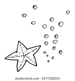 starfish and air bubbles sea ocean black and white vector doodle illustration set isolated on white background base for textile typography postcard design