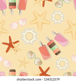 Starfish background pattern with three different species of starfish randomly scattered on a sunny yellow background representing the sea and a summer vacation