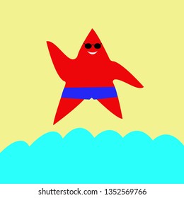 the starfish in black glasses and blue swimming trunks lies on the sand near the sea the concept of the beach season and summer holidays