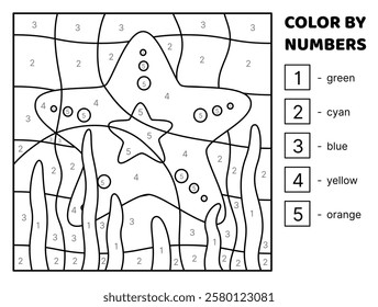 Starfish. Black and white. Color by number. Coloring page. Game for kids. Isolated vector illustration eps 10