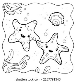 Starfish black and white. Coloring book or Coloring page for kids. Marine background vector illustration