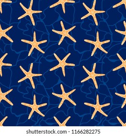  Starfish blue background. Seamless pattern with star fish. Underwater marine, beach life vector background.
