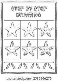 Starfish. Book page, drawing step by step. Black and white vector coloring page.