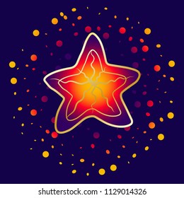 Starfish, bright flowers. Orange, red and blue colors illustration. With bright elements and particles on a dark blue background, with a golden stroke. Vector illustration.