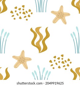 Starfish and brown and green algae. Seamless pattern on a white background. Marine collection. Vector illustration for printing on paper, fabric, textile packaging