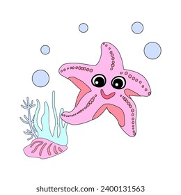 Starfish with bubbles and algae in the ocean. For posters, prints on clothes. Vector