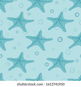 Starfish and bubbles blue seamless pattern illustration