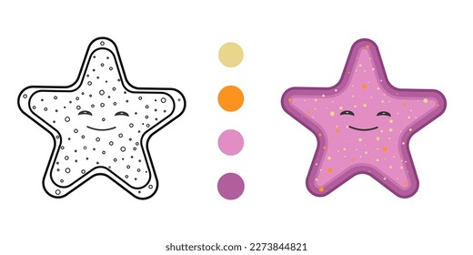 Starfish Cartoon Character. Coloring book. Isolated on white background.