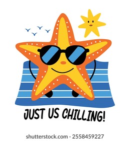 Starfish character with just us chilling typography, flat sticker 

