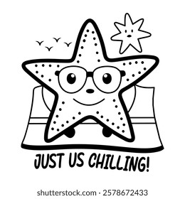 Starfish character with just us chilling typography, glyph sticker 

