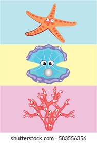 Starfish, cockleshell, coral