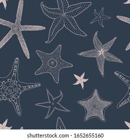 Starfish collection sketchy vector seamless pattern. Underwater sea star creature dark blue inky linear illustration backdrop. Elegant ocean animals surface textile, wallpaper design