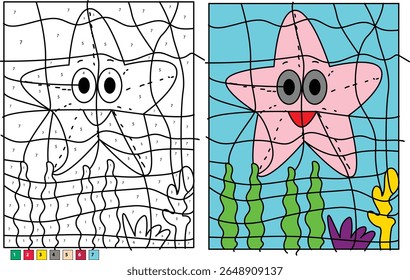 Starfish Color by Number Activity for Kids. Educational Ocean-Themed Puzzle with a Cute Cartoon Starfish, Seaweed, and Coral. Perfect for Learning Colors and Developing Fine Motor Skills.