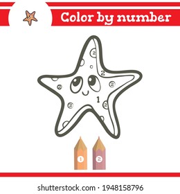 Starfish Color by numbers. Coloring page for preschool children. Learn numbers for kindergartens and schools. Educational game.
