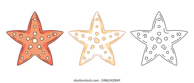 Starfish, colorful and line icons set. Summer beach, underwater, marine concept, vector outline icon, monochrome and color illustration. Summertime. For sticker, coloring book, logo, label