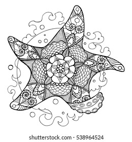 Starfish coloring book for adults vector illustration. Anti-stress coloring for adult. Tattoo stencil. Zentangle style. Black and white lines. Lace pattern