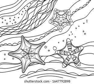 Starfish for coloring. Outline underwater life. Hand drawn antistress image for children and adults.