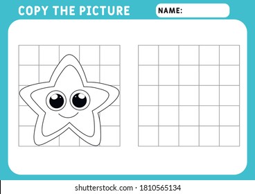 Starfish coloring page. Educational game for children. Copy the picture. Illustration and vector outline - A4 paper, ready for printing. Preschool worksheet.