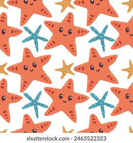 Starfish coral color sea star vector seamless pattern. Caribbean underwater animal. Starfish echinoderms invertebrate wildlife creature. Aquatic animal. Cute character cartoon flat style.