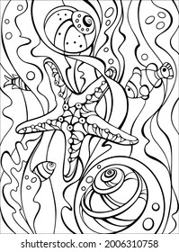 Starfish, Coral reef and seashells coloring page. Sketch of ornaments for creativity of children and adults. Original coloring underwater world. Summer fun. Black and white graphic T shirt print. 