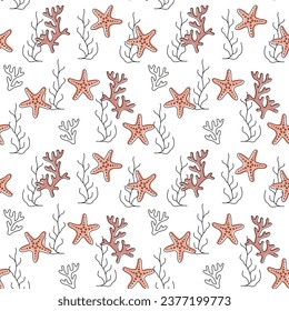 Starfish coral and seaweed seamless pattern. Summer ocean design in scandinavian style vector illustration.