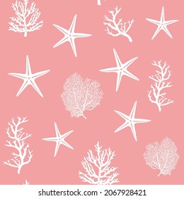 Starfish and corals. Seamless pattern of white vector silhouettes isolated on pink background.