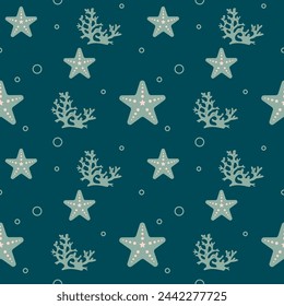 Starfish and corrals seamless pattern. Sea and ocean flora and fauna. Undersea world