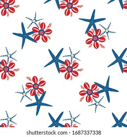 Starfish and cowrie shell seamless vector pattern background. Hand drawn marine creature red blue white backdrop. Ocean wildlife illustration. All over print for summer beach vacation concept.