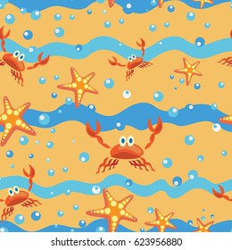 Flandes, cangrejos y mar.Patrón sin problemas. Diseño para textiles, tapicerías, materiales de embalaje, papel con personajes de dibujos animados para niños, criaturas marinas.