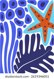 Uma estrela-do-mar é retratada com um estilo plano ousado ao lado de ondas abstratas do oceano e uma folha tropical.  A imagem usa formas simples para criar uma cena marinha de verão. Ilustração de vetor de desenhos animados