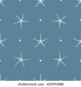 Starfish and dots seamless pattern. Hand drawn nautical background. Sea theme vector illustration.