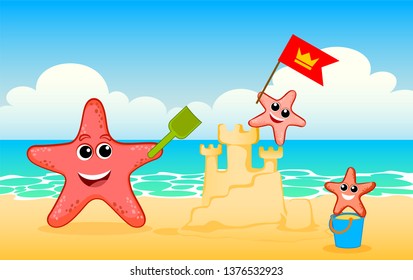 Starfish family. Sea star family are playing on the sand. Starfish kids build a sand castle and flag raising. 