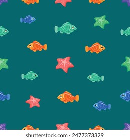 Starfish and fish decorate the seas and oceans, sea, ocean, water, 
seaweed, vector, seamless pattern, colored, art, illustration, background, isolated
