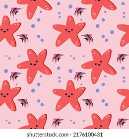 Pescado estelar y peces de fondo rosado con burbujas de agua interminables patrones sin costura. Para textiles, papel pintado y huellas.