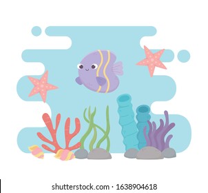 starfish, fish and seashells. coral reef cartoon under the sea vector illustration