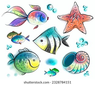 Starfish, fish, shell, on a white background, color set, marine style. Aquarium fish, water, beach theme, exotic animals