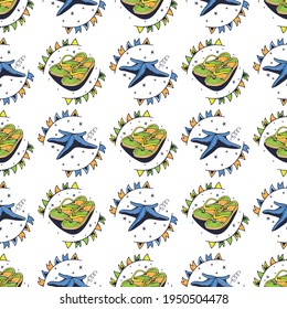 Starfish and flip flops. Seamless pattern on a white background. Cute vector illustration.