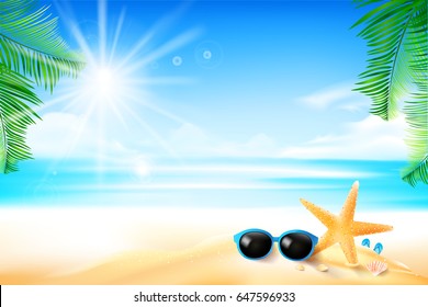 Starfish flower palm leaf sand with copyspace and summer beach element over cloud and blue sky background vector illustration eps10