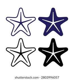Starfish graphics collection featuring solid and outline versions, simple beach sea life illustrations, ocean animal silhouettes, flat nautical icons set.