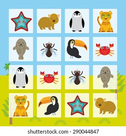 Starfish hamster Penguin leopard seal toucan crab fly Finding the Same Picture Educational game for Preschool Children. Vector