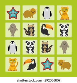 Starfish hamster Penguin leopard seal raccoon panda toucan Finding the Same Picture Educational game for Preschool Children. Vector illustration