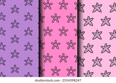 starfish hand drawn isolated seamless pattern on colored background set. doodle starfish coral seamless pattern background. starfish line art pattern. seamless pattern of starfish background